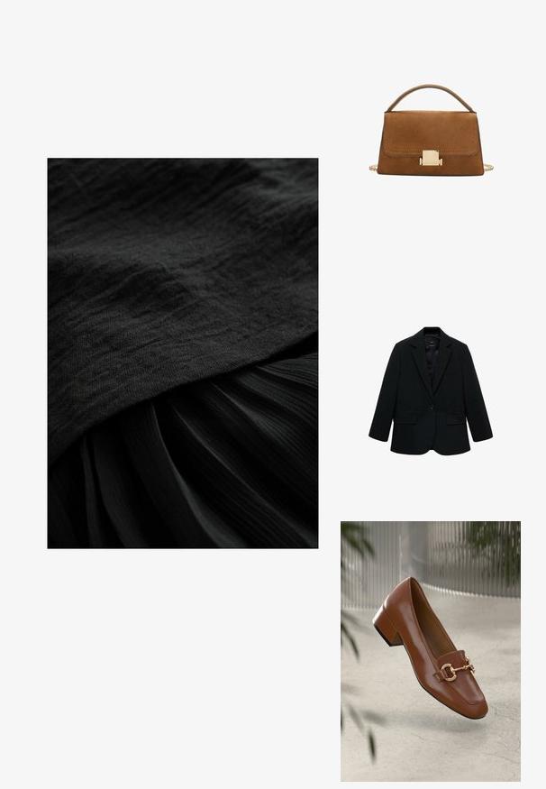 Blazer nero realizzato in tessuto liscio. Presenta una chiusura con un singolo bottone, revers a punta e due tasche frontali. Design semplice e sartoriale.; Tessuto nero con una superficie texturizzata, caratterizzato da uno strato superiore liscio e una sezione inferiore plissettata, entrambi in una tonalità di nero profondo e uniforme.; Mocassino in pelle verniciata marrone con punta quadrata, accentato da catena metallica e tacco basso; texture liscia, design minimalista.; Borsa in suede marrone con una chiusura quadrata dorata, manico superiore e tracolla a catena. Presenta una forma rettangolare e angoli arrotondati.