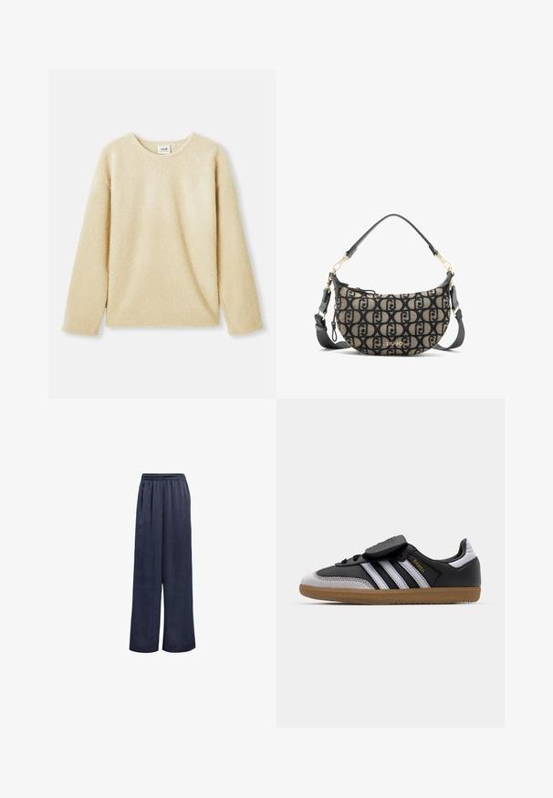 Čierny blejzer vyrobený z hladkej tkaniny. Má jediné zapínanie na gombík, klopové reverzné golier a dve predné vrecká. Jednoduchý, prispôsobený dizajn.; Béžová fleece mikina s dlhými rukávmi, okrúhlym výstrihom a jemnou textúrou. Má voľný strih a jemný znak značky na vnútornej strane goliera.; Námornícké široké nohavice z hladkého materiálu s elastickým pásom a bez viditeľných kovových častí. Majú uvoľnený strih a dlhý dizajn.; Čierne kožené a šedé semišové tenisky s bielymi pruhmi, gumovou podrážkou, šnurovaním vpredu a suchým zipsom. Obsahujú zlaté označenie "Samba".; Hnedá a čierna plátená kabelka cez plece v tvare polmesiaca, s opakujúcim sa vzorom loga, zlatými kovovými doplnkami a odnímateľným popruhom.