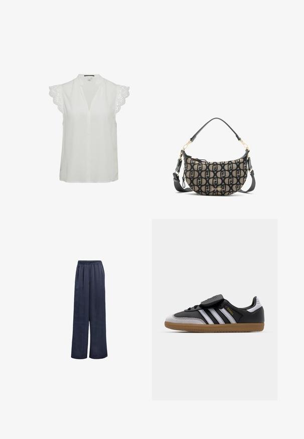 Crna blejzer jakna izrađena od glatke tkanine. Ima jedinstveno kopčanje na dugme, izrezane reveri i dva prednja džepa. Jednostavan, krojen dizajn.; Bijela bluzica s dubokim V-izrezom, kratkim rukavima koji imaju složeni čipkasti detalj i opuštenim krojem. Glatka tekstura tkanine.; Mornarsko plave hlače širokih nogavica izrađene od glatke tkanine s elastičnim pojasom i bez vidljivih metalnih dijelova. Imaju opušteni kroj i punu duljinu.; Crne kožne i sive nubuk tenisice s bijelim prugama, gumeni potplat, vezivanje sprijeda i Velcro remen. Sadrži "Samba" brendiranje u zlatnoj boji.; Smeđi i crni platneni torba preko ramena u obliku polumjeseca, sa ponavljajućim uzorkom loga, zlatnom opremom i odvojivim remenom.