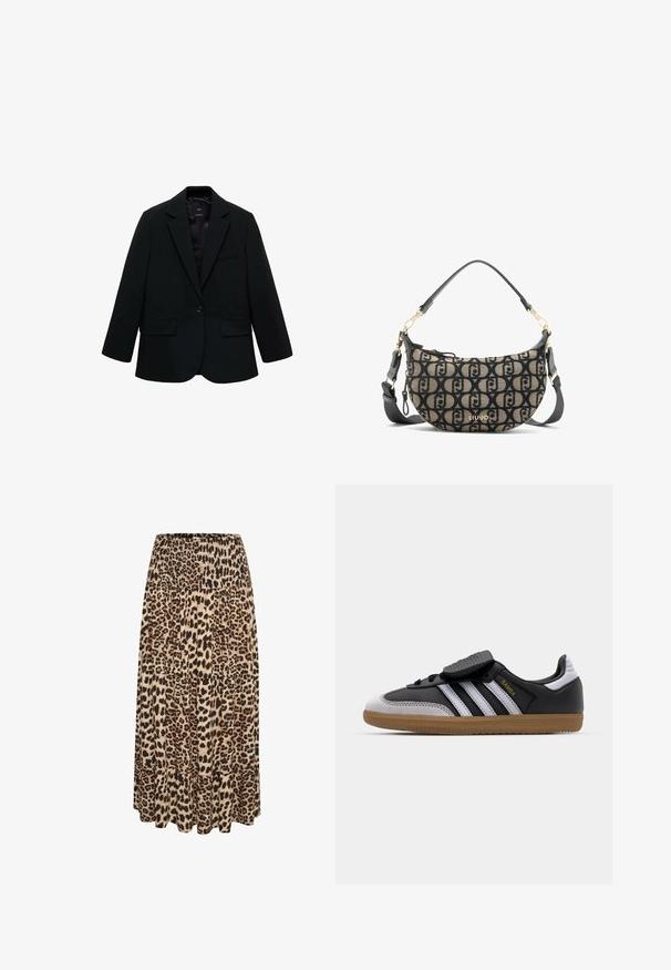 Schwarze Blazer aus glattem Stoff. Besitzt einen Einzelknopfverschluss, Reverskragen und zwei Taschen auf der Vorderseite. Schlichtes, tailliertes Design.; Weißes Tanktop aus Baumwolle, mit einem schlichten Design, runder Ausschnitt und schwarzem "HUGO"-Logo in der Mitte. Glatte Textur.; Maxi-Rock im Leopardenmuster mit einem gerafften Taillenbund und einem gestuften Rüschensaum, der in sanften Beigetönen, Braun und Schwarz aus einem weichen Stoff gefertigt ist.; Schwarze Leder- und graue Wildleder-Sneaker mit weißen Streifen, Gummisohle, Schnürung vorne und Klettverschluss. Mit "Samba"-Markenlogo in Gold.; Braune und schwarze Canvas-Schultertasche in Halbmondform mit sich wiederholendem Logo-Muster, goldenen Beschlägen und abnehmbarem Riemen.