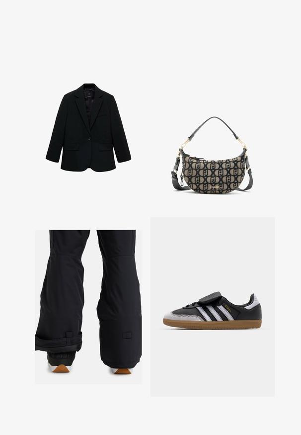 Zwarte blazer van gladde stof. Heeft een enkele knoopsluiting, notch-lapels en twee voorzakken. Simpel, op maat gemaakt ontwerp.; Witte tanktop van katoen, met een eenvoudig ontwerp, een ronde halslijn en een zwart "HUGO" logo in het midden. Gladde textuur.; Zwarte sneeuwbroeken met een gevoerd ondergedeelte, verstelbare manchetten en een stijlvolle, matte afwerking; geschikt voor wintersport.; Zwarte leren en grijze suède sneaker met witte strepen, rubberen gumzool, veterfrontering en klittenbandsluiting. Uitgerust met "Samba" branding in het goud.; Bruin en zwarte canvas schoudertas met een halve maan vorm, met een herhalend logo patroon, gouden hardware en een afneembare strap.