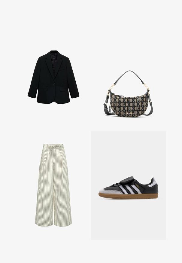 Sort blazer lavet af glat stof. Har en enkelt knaplukning, notchede klapkraver og to frontlommer. Enkel, skræddersyet design.; Hvid tanktop lavet af bomuld, med et enkelt design og en rund halsudskæring samt et sort "HUGO" logo i midten. Glat tekstur.; Cremefarvede bukser med brede ben og tynde brune lodrette striber. Har plisseringer og et bælte i taljen. Fremstillet af et glat stof.; Sort læder og grå ruskind sneakers med hvide striber, gummisål, snørebånd foran og velcrolukning. Har "Samba" branding i guld.; Brun og sort canvas skuldertaske med en halvmåneform, der har et gentaget logo-mønster, guldfarvede metaldele og en aftagelig rem.