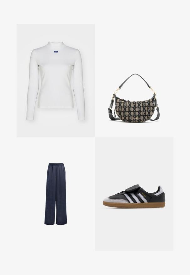 Crna blejzer jakna izrađena od glatke tkanine. Ima jedinstveno kopčanje na dugme, izrezane reveri i dva prednja džepa. Jednostavan, krojen dizajn.; Bijela majica s dugim rukavima i visokim ovratnikom izrađena od rastezljivog materijala, s pripijenim dizajnom i malim plavim logotipom na prsima.; Mornarsko plave hlače širokih nogavica izrađene od glatke tkanine s elastičnim pojasom i bez vidljivih metalnih dijelova. Imaju opušteni kroj i punu duljinu.; Crne kožne i sive nubuk tenisice s bijelim prugama, gumeni potplat, vezivanje sprijeda i Velcro remen. Sadrži "Samba" brendiranje u zlatnoj boji.; Smeđi i crni platneni torba preko ramena u obliku polumjeseca, sa ponavljajućim uzorkom loga, zlatnom opremom i odvojivim remenom.