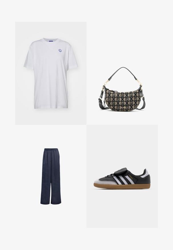 Crna blejzer jakna izrađena od glatke tkanine. Ima jedinstveno kopčanje na dugme, izrezane reveri i dva prednja džepa. Jednostavan, krojen dizajn.; Bijela pamučna majica s kratkim rukavima, okruglim izrezom i plavim logom nasmijanog lica na lijevoj strani prsnog dijela. Jednostavna tkanina bez uzoraka.; Mornarsko plave hlače širokih nogavica izrađene od glatke tkanine s elastičnim pojasom i bez vidljivih metalnih dijelova. Imaju opušteni kroj i punu duljinu.; Crne kožne i sive nubuk tenisice s bijelim prugama, gumeni potplat, vezivanje sprijeda i Velcro remen. Sadrži "Samba" brendiranje u zlatnoj boji.; Smeđi i crni platneni torba preko ramena u obliku polumjeseca, sa ponavljajućim uzorkom loga, zlatnom opremom i odvojivim remenom.