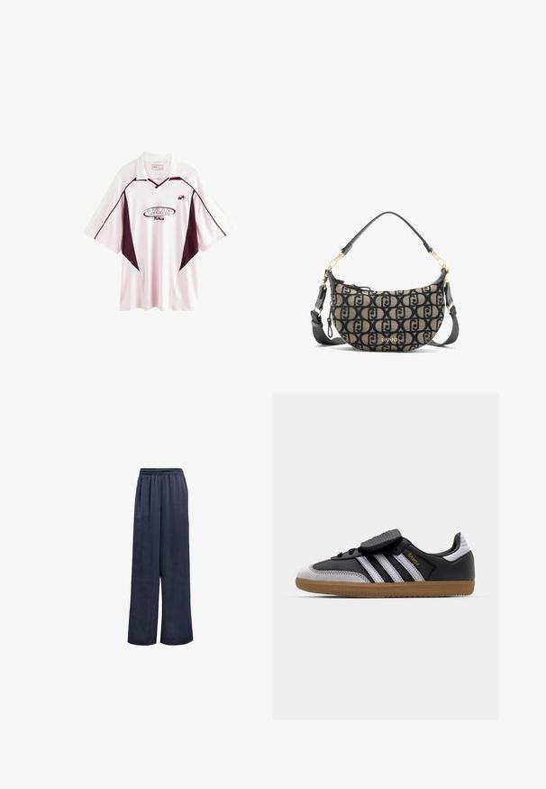 Schwarze Blazer aus glattem Stoff. Besitzt einen Einzelknopfverschluss, Reverskragen und zwei Taschen auf der Vorderseite. Schlichtes, tailliertes Design.; Hellrosa Fußballtrikot mit kurzen Ärmeln und dunkelmaroonen Akzenten, ausgestattet mit einem Kragen, dem "MILAN"-Logo und seitlichen Einsätzen in einer kontrastierenden Farbe.; Marinefarbene Weitbein-Hosen aus glattem Stoff mit einem elastischen Bund und ohne sichtbare Beschläge. Sie verfügen über einen lockeren Sitz und ein langes Design.; Schwarze Leder- und graue Wildleder-Sneaker mit weißen Streifen, Gummisohle, Schnürung vorne und Klettverschluss. Mit "Samba"-Markenlogo in Gold.; Braune und schwarze Canvas-Schultertasche in Halbmondform mit sich wiederholendem Logo-Muster, goldenen Beschlägen und abnehmbarem Riemen.