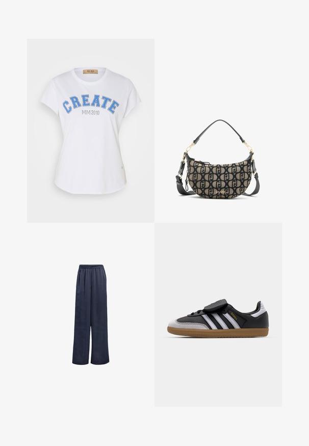 Sort blazer lavet af glat stof. Har en enkelt knaplukning, notchede klapkraver og to frontlommer. Enkel, skræddersyet design.; Hvid bomulds T-shirt med rund halsudskæring, korte ærmer og blåt grafisk tekst "CREATE" med "MIM 2010" nedenunder. Buet kantdetalje.; Marineblå brede bukser lavet af glat stof med elastisk talje og ingen synlige metaldele. Har en afslappet pasform og fuldlængde design.; Sort læder og grå ruskind sneakers med hvide striber, gummisål, snørebånd foran og velcrolukning. Har "Samba" branding i guld.; Brun og sort canvas skuldertaske med en halvmåneform, der har et gentaget logo-mønster, guldfarvede metaldele og en aftagelig rem.