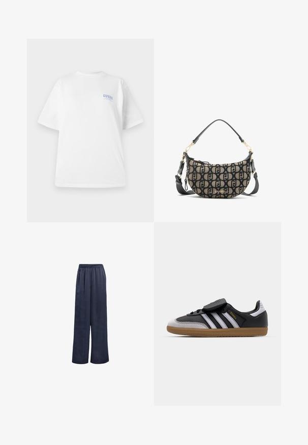 Zwarte blazer van gladde stof. Heeft een enkele knoopsluiting, notch-lapels en twee voorzakken. Simpel, op maat gemaakt ontwerp.; Witte katoenen t-shirt met een ronde hals, korte mouwen en blauw "GUESS" logo op de linkerborst, met een minimalistisch ontwerp.; Marineblauwe wijde broek gemaakt van een soepele stof met een elastische tailleband en zonder zichtbare hardware. Heeft een relaxte pasvorm en een volledige lengte.; Zwarte leren en grijze suède sneaker met witte strepen, rubberen gumzool, veterfrontering en klittenbandsluiting. Uitgerust met "Samba" branding in het goud.; Bruin en zwarte canvas schoudertas met een halve maan vorm, met een herhalend logo patroon, gouden hardware en een afneembare strap.