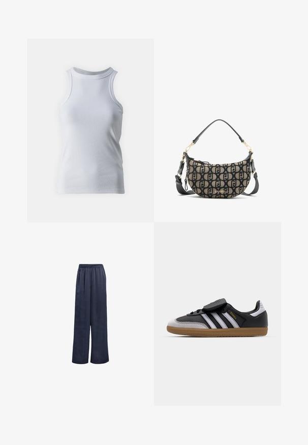 Černý blazer vyrobený z hladké látky. Má jeden knoflík na zapínání, klopové límce a dvě přední kapsy. Jednoduchý, přiléhavý design.; Bílé bezrukávové tílko vyrobené z měkké, elastické bavlněné tkaniny. Má vysoký výstřih a hladký povrch bez vzorů nebo akcentů.; Námořnické kalhoty s širokým střihem vyrobené z hladkého materiálu, s elastickým pasem a bez viditelného kování. Mají uvolněný střih a dlouhý design.; Černé kožené a šedé semišové tenisky s bílými pruhy, gumovou podrážkou, šněrováním v přední části a suchým zipem. Značka "Samba" v zlaté barvě.; Hnědo-černá plátěná taška přes rameno ve tvaru půlměsíce, s opakujícím se vzorem loga, zlatými detaily a odnímatelným popruhem.