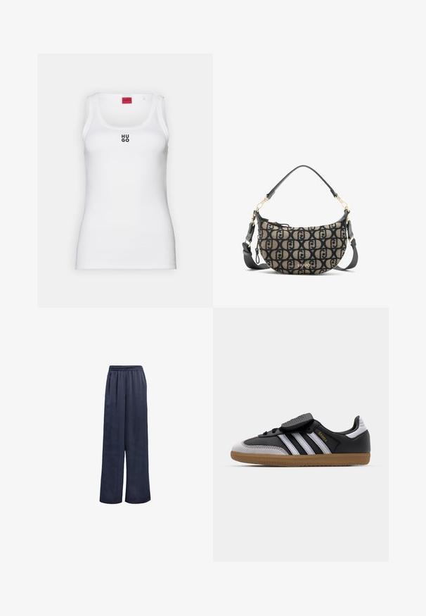 Blazer negro hecho de tela suave. Presenta un cierre de un solo botón, solapas con muesca y dos bolsillos frontales. Diseño simple y ajustado.; Camiseta sin mangas blanca de algodón, con un diseño sencillo que presenta un escote redondo y el logo negro "HUGO" en el centro. Textura suave.; Pantalones de pierna ancha en color navy, confeccionados en una tela suave con cintura elástica y sin herrajes visibles. Presentan un ajuste relajado y un diseño de largo completo.; Zapatillas de cuero negro y gamuza gris con rayas blancas, suela de goma, parte delantera con cordones y tira de Velcro. Presenta el logotipo "Samba" en dorado.; Bolso de lona marrón y negro en forma de media luna, con un patrón de logotipos repetido, herrajes dorados y correa desmontable.