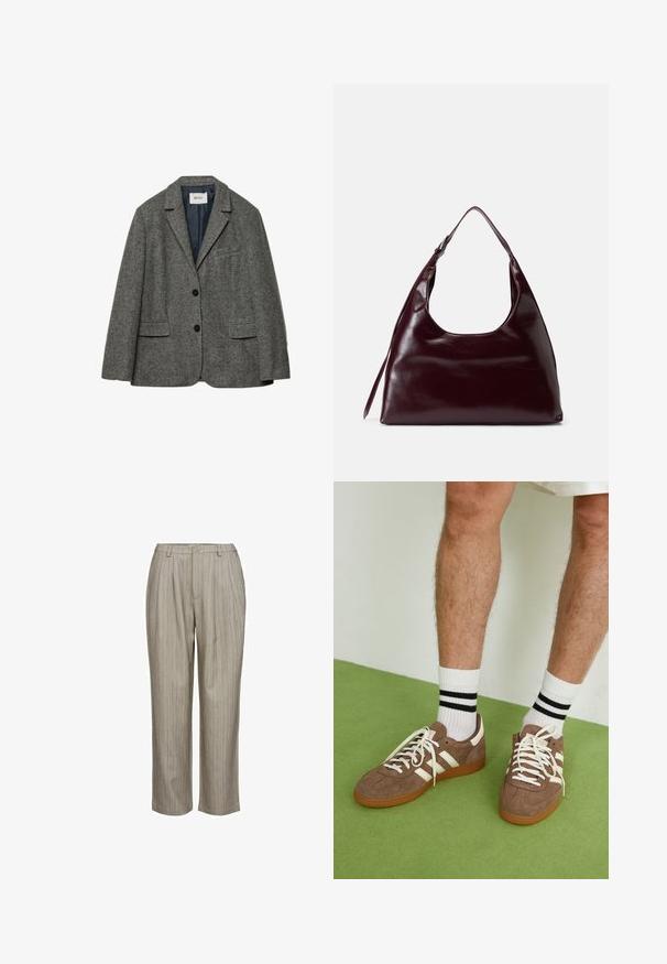 Siva volnena blazer z dvema sprednjima žepoma, z zareznim ovratnikom in zapiranjem na en gumb. Ima gladko modro podlogo.; Črna turtleneck pulover iz mehkega pletenega materiala. Ima dolge rokave ter rebraste manšete in rob. Preprost, klasičen dizajn brez vzorcev.; Svetlo sivi naborani hlače z vertikalnimi črtami, izdelane iz teksturiranega blaga. Značilni so pas z enim gumbom in raven kroj.; Rjavi semiš športni čevlji z belimi detajli in vezalkami. Gumijast podplat. Nošeni z belimi nogavicami z črnimi črtami. Zelena teksturirana talna obloga.; Bordo usnjeni ročni torbici z zaobljenim izrezom na vrhu, gladko teksturo in dolgim naramnim trakom, ki se ponaša s minimalističnim dizajnom brez vidnih kovinskih delov.