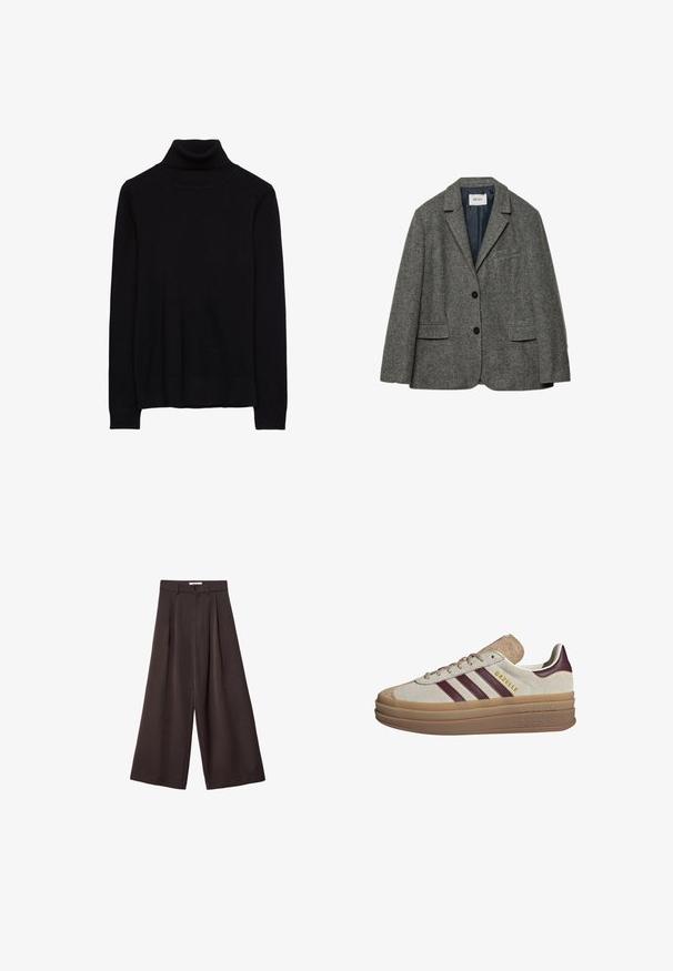 Grauer Wollblazer mit zwei vorderen Taschen, einem Reverskragen und einem Ein-Knopf-Verschluss. Mit glattem blauen Futter.; Schwarzer Rollkragenpullover aus einem weichen Strickstoff. Mit langen Ärmeln sowie gerippten Manschetten und Saum. Einfaches, klassisches Design ohne Muster.; Schwarze, weit geschnittene Hose mit hoher Taille, ausgestattet mit vorderen Falten und einem Knopfverschluss an der Taille, aus glattem Stoff gefertigt.; Beige Wildledersneaker mit maroonfarbenen Streifen, weißen Akzenten, einer klobigen, transparenten Sohle und hervorgehobenem Branding an der Seite. Schnürdesign.