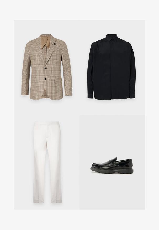 Brązowa marynarka w kratę o dopasowanym kroju, z wyłogami, dwiema przednimi kieszeniami i jednym zapięciem na guzik. Gładka tekstura z subtelnym połyskiem.; Czarna, długa koszula z długim rękawem, wykonana z gładkiej tkaniny, z klasycznym kołnierzykiem, zapięciem na guziki oraz luźnym krojem i mankietami. ; Jasno beżowe dopasowane spodnie o gładkiej fakturze, proste nogawki, płaski przód i minimalne detale szwów. Brak widocznych kieszeni.; Czarne skórzane mokasyny o błyszczącym wykończeniu, zaokrąglonym nosku, subtelnych detalach szycia i grubym gumowym spodzie dla trwałości.