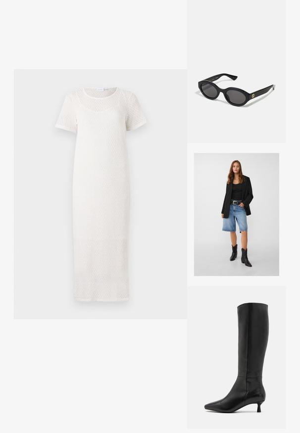 Schwarze Blazer über einem schwarzen Tanktop, kombiniert mit hellblauen Denim-Shorts und schwarzen Cowboy-Stiefeln. Der Gürtel hat silberne Nieten.; Weißes, gestricktes Maxikleid mit kurzen Ärmeln, das ein strukturiertes Muster und einen runden Ausschnitt aufweist. Glattes Material, knielange Gestaltung.; Zign Stiefel - black; Schwarze ovale Sonnenbrille mit dunklen Gläsern und glänzendem Kunststoffrahmen. Mit goldenem Logo am Bügel, das ein elegantes und modernes Design bietet.