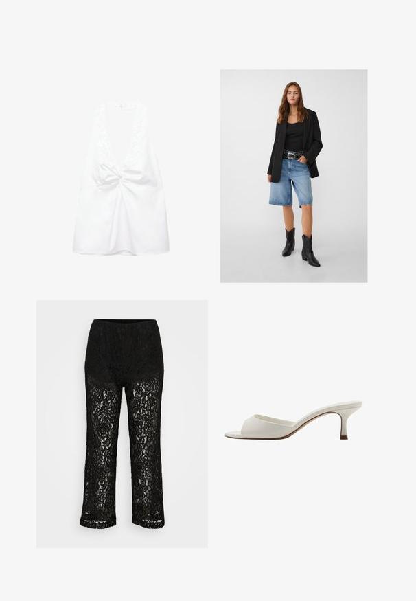 Black blazer over a black tank top, paired with light blue denim shorts and black cowboy boots. The belt has silver studs.; White sleeveless top with a deep V-neck and knotted detail at the center, made of smooth fabric and featuring a relaxed fit.; White short-sleeve t-shirt made of cotton, featuring a round neck and a straight hem. Minimalist design with no visible patterns or accents.; Black lace wide-leg pants with opaque underwear lining, floral pattern, and elastic waistband on plain background.; White open-toed high-heeled mules with a smooth finish, minimalist design, and a slender heel, featuring a subtle brown accent on the sole.