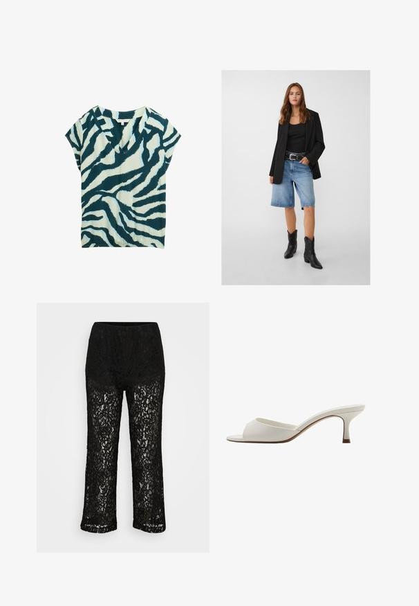 Black blazer over a black tank top, paired with light blue denim shorts and black cowboy boots. The belt has silver studs.; Short-sleeve top in teal and cream, featuring a v-neck and a zebra stripe pattern. Soft fabric with a relaxed fit and subtle sheen.; Black lace wide-leg pants with opaque underwear lining, floral pattern, and elastic waistband on plain background.; White open-toed high-heeled mules with a smooth finish, minimalist design, and a slender heel, featuring a subtle brown accent on the sole.
