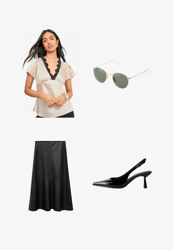 Svart blazer över en svart linne, kombinerat med ljusblå denimshorts och svarta cowboyboots. Bältet har silvernitar.; Polkadot sidentopp i krämfärg med svarta prickar. Har en V-ringning med spetsdetalj och fjärilskjolar. Slät textur.; Svart läderkjol, A-linjeformad, knälång, slät textur, sömdetaljer, utsvängd fåll och osynlig dragkedjestängning bak.; Svart lackläder slingback pumps med spetsig tå, urklippta sidor, justerbart vristband och en tunn, elegant klack.; Guldmetallbågar solglasögon med gröna linser, rund form, tunna templer och vita plastdetaljer på ändarna av bågarna.; Brun handväska i fuskpäls med samlad design och dragsko. Mjuk textur, rundad form och minimalistisk stil.