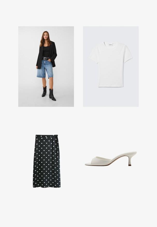 Schwarze Blazer über einem schwarzen Tanktop, kombiniert mit hellblauen Denim-Shorts und schwarzen Cowboy-Stiefeln. Der Gürtel hat silberne Nieten.; Weißes T-Shirt mit kurzen Ärmeln aus Baumwolle. Es hat einen Rundhalsausschnitt, ein schlichtes Design und ein Logolabel am Kragen. Glatte Textur.; Next PETITE FIT - Maxirock - polka dot; Weiße, offene High-Heel-Mules mit glatter Oberfläche, minimalistischer Gestaltung und schlankem Absatz, ausgestattet mit einem subtilen braunen Akzent auf der Sohle.