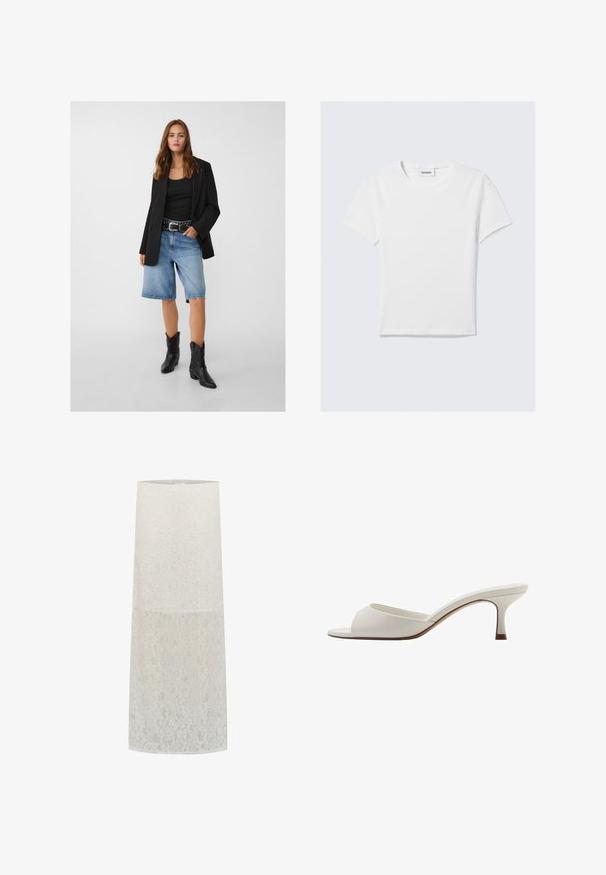 Blazer noir sur un débardeur noir, associé à un short en denim bleu clair et des bottes de cow-boy noires. La ceinture a des clous en argent.; T-shirt blanc à manches courtes en coton. Présente un col rond, un design uni et une étiquette logo au niveau du col. Texture lisse.; Abat-jour en dentelle blanc, de forme cylindrique avec un motif floral, texture transparente, et bord supérieur lisse. S'adapte à un support d'ampoule standard.; Mules à talons hauts ouverts et blancs avec une finition lisse, un design minimaliste et un talon fin, mettant en avant un accent brun subtil sur la semelle.