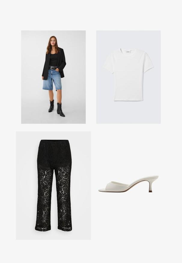 Blazer noir sur un débardeur noir, associé à un short en denim bleu clair et des bottes de cow-boy noires. La ceinture a des clous en argent.; T-shirt blanc à manches courtes en coton. Présente un col rond, un design uni et une étiquette logo au niveau du col. Texture lisse.; Pantalons larges en dentelle noire avec doublure en dessous opaque, motif floral et taille élastique sur fond uni.; Mules à talons hauts ouverts et blancs avec une finition lisse, un design minimaliste et un talon fin, mettant en avant un accent brun subtil sur la semelle.