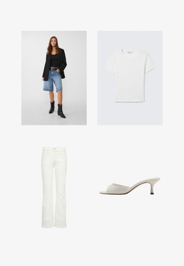 Černý blejzr přes černý tílko, kombinovaný se světle modrými džíny šortkami a černými kovbojskými botami. Opasek má stříbrné hroty.; Bílá krátkosrstá tričko vyrobené z bavlny. Má kulatý výstřih, jednoduchý design a logo štítek na výstřihu. Hladká textura.; Bílé zvonové džíny vyrobené z denimu, s pěti kapsami, poutek na opasek a předním knoflíkovým zapínáním. Hladký povrch bez vzorů.; Bílé otevřené lodičky na vysokém podpatku s hladkým povrchem, minimalistickým designem a štíhlým podpatkem, se slabým hnědým akcentem na podrážce.