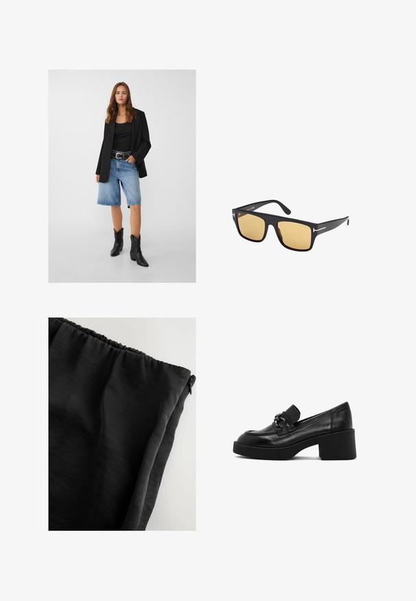 Black blazer over a black tank top, paired with light blue denim shorts and black cowboy boots. The belt has silver studs.; White T-shirt made of soft, lightweight fabric. Features a round neckline and short, wide sleeves with a relaxed fit. No visible patterns.; Black fabric with a smooth texture, elastic waistband, and a zip closure. The material appears lightweight and slightly sheer.; Black leather low-heeled loafer with a rounded toe, decorative strap and metal accent. Textured outsole and seamless design.; Black square sunglasses with yellow lenses. Sleek acetate frame, accented with silver hardware near the temples, featuring a minimal design.