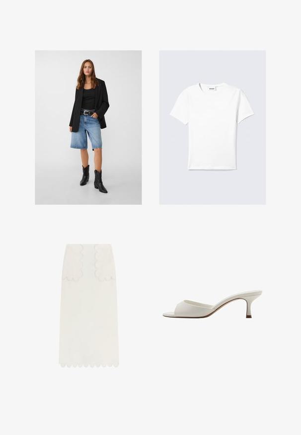 Black blazer over a black tank top, paired with light blue denim shorts and black cowboy boots. The belt has silver studs.; White short-sleeve t-shirt made of cotton, featuring a round neck and a straight hem. Minimalist design with no visible patterns or accents.; Scalpers LAIN MIDI - A-line skirt - ecru; White open-toed high-heeled mules with a smooth finish, minimalist design, and a slender heel, featuring a subtle brown accent on the sole.