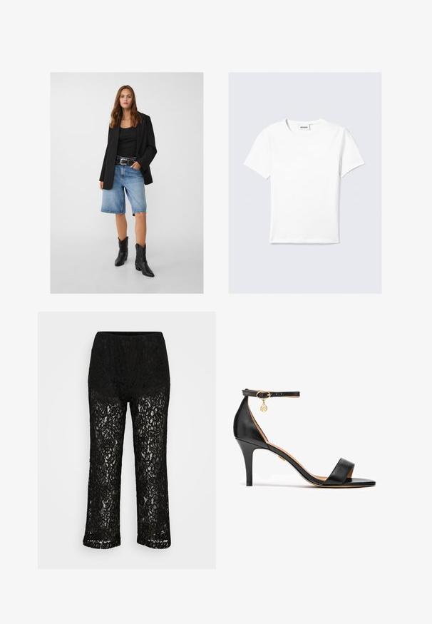 Černý blejzr přes černý tílko, kombinovaný se světle modrými džíny šortkami a černými kovbojskými botami. Opasek má stříbrné hroty.; Bílé tričko s krátkým rukávem vyrobené z bavlny, s kulatým výstřihem a rovným lemem. Minimalistický design bez viditelných vzorů nebo zdobení.; Černé krajkové kalhoty širokého střihu s neprůhlednou podšívkou, květinovým vzorem a elastickým pasem na hladkém pozadí.; Černé kožené sandály na vysokém podpatku s jedním páskem přes prsty, páskem kolem kotníku, zlatými detaily a štíhlým jehlovým podpatkem.