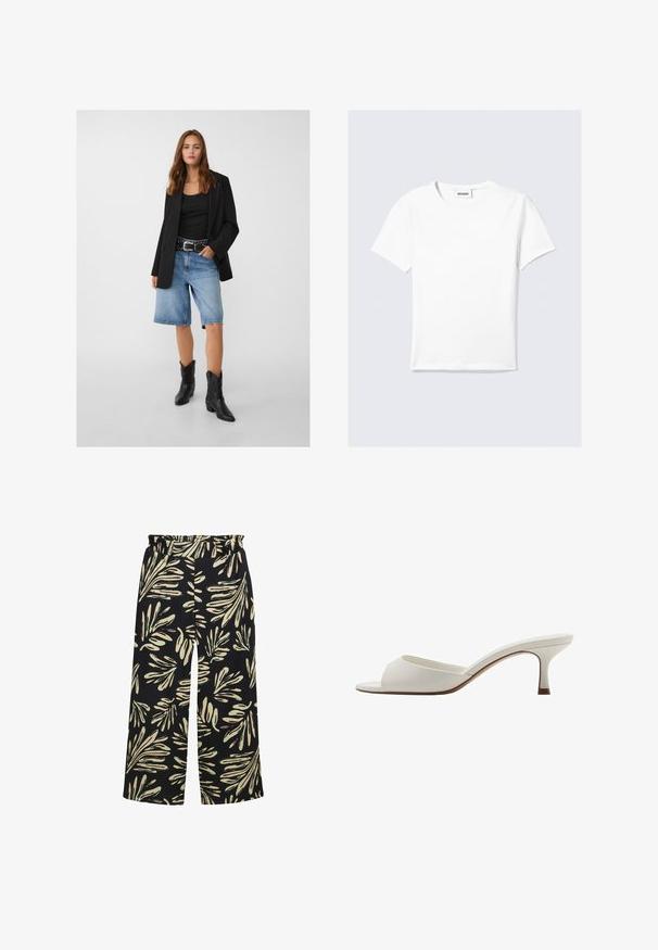 Svart blazer över en svart linne, kombinerat med ljusblå denimshorts och svarta cowboyboots. Bältet har silvernitar.; Vit t-shirt med korta ärmar i bomull, med rund halsringning och rak nederkant. Minimalistisk design utan synliga mönster eller detaljer.; Breda byxor med elastiskt midjeband, med en svart bakgrund och ett mönster av krämfärgade och mintgröna löv. Strukturerad tyg.; Vita öppna högklackade mules med en slät yta, minimalistisk design och en slank klack, med en subtil brun accent på sulan.