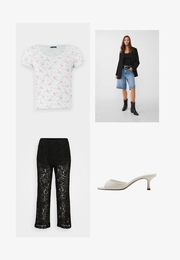 Črn blejzer nad črnim topom, v kombinaciji s svetlo modrimi denim kratkimi hlačami in črnimi kavbojskimi čevlji. Pas ima srebrne zakovice.; Kratka majica s kratkimi rokavi v svetlem mint odtenku z zaobljenim izrezom, okrašena s cvetličnim vzorcem v rožnati in vijolični barvi, izdelana iz mehkega, strukturiranega materiala.; Črne široke hlače iz čipke z neprozornim podložkom, cvetlični vzorec in elastičnim pasom na enobarvni podlagi.; Bele odprte visoke petke z gladko površino, minimalističnim oblikovanjem in vitko peto, ki ima subtilen rjav odtenek na podplatu.