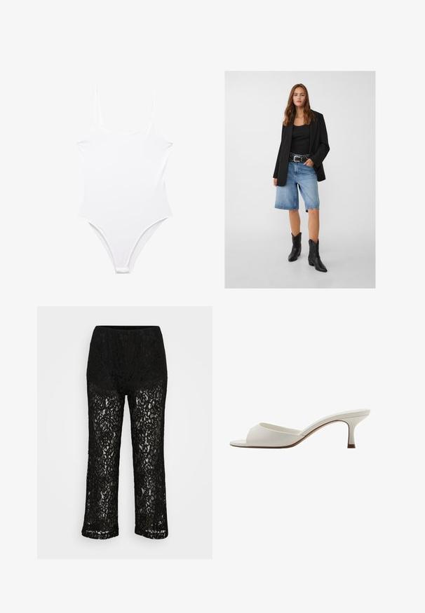 Čierny blejzer cez čierne tielko, doplnený svetlomodrými denimovými šortkami a čiernymi kovbojskými čižmami. Opasok má strieborné cvoky.; Biely jednodielny plavky, s vysokým vzorom nohy, tenkými ramienkami a hladkým, elastickým materiálom. Minimalistický dizajn, žiadne vzory ani akcenty.; Čierne čipkované nohavice so širokými nohavicami, nepriehľadným podšívkovým materiálom, kvetinovým vzorom a elastickým pásom na jednofarebnom pozadí.; Biele sandále na vysokom podpätku otvorené na špičke s hladkým povrchom, minimalistickým dizajnom a štíhlym podpätkom, s jemným hnedým akcentom na podrážke.