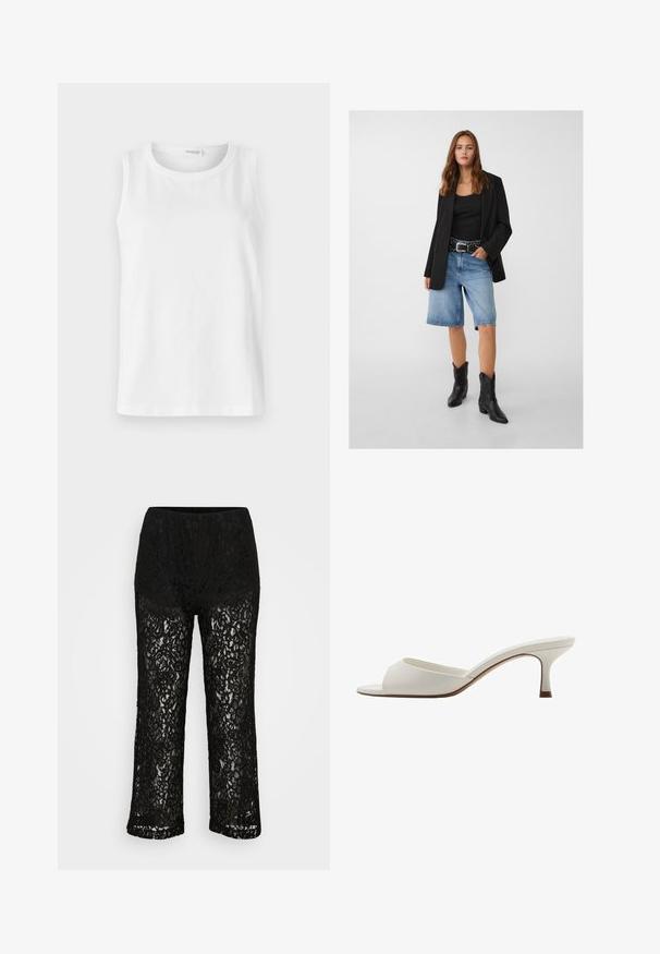 Sort blazer over en sort tanktop, parret med lyseblå denimshorts og sorte cowboy støvler. Bæltet har sølvnitter.; Hvid udenærmet top lavet af blød bomuld. Har en rund halsudskæring og lige snit. Enkelt design uden synlige mønstre eller detaljer.; Sorte blonde viddebukser med uigennemsigtig underbuksefor, blomster mønster og elastisk talje på ensfarvet baggrund.; Hvide åbne højhælede mules med en glat finish, minimalistisk design og en slank hæl, der har en subtil brun accent på sålen.