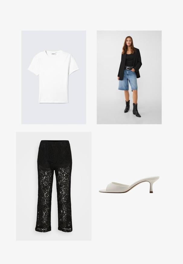 Czarna marynarka na czarnym topie na ramiączkach, zestawiona z jasnoniebieskimi dżinsowymi szortami i czarnymi kowbojkami. Pasek ma srebrne ćwieki.; Biała koszulka z krótkim rękawem wykonana z bawełny, z okrągłym dekoltem i prostym dołem. Minimalistyczny design bez widocznych wzorów czy akcentów.; Czarne koronkowe spodnie o szerokich nogawkach z nieprzezroczystą podszewką, kwiatowy wzór i elastyczny pas na jednolitym tle.; Białe, otwarte na palcach mule na wysokim obcasie o gładkim wykończeniu, minimalistycznym designie i smukłym obcasie, z subtelnym brązowym akcentem na podeszwie.