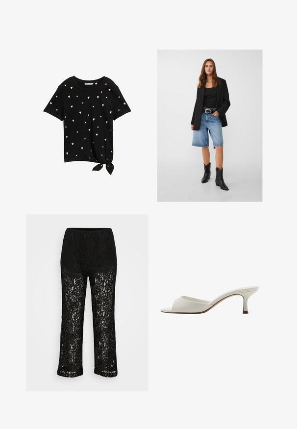 Czarna marynarka na czarnym topie na ramiączkach, zestawiona z jasnoniebieskimi dżinsowymi szortami i czarnymi kowbojkami. Pasek ma srebrne ćwieki.; Czarna koszulka z krótkim rękawem z rozsianymi wzorami serc w białym i jasnoróżowym kolorze, z wiązaną kokardą na dole.; Czarne koronkowe spodnie o szerokich nogawkach z nieprzezroczystą podszewką, kwiatowy wzór i elastyczny pas na jednolitym tle.; Białe, otwarte na palcach mule na wysokim obcasie o gładkim wykończeniu, minimalistycznym designie i smukłym obcasie, z subtelnym brązowym akcentem na podeszwie.