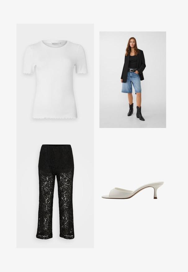 Črn blejzer nad črnim topom, v kombinaciji s svetlo modrimi denim kratkimi hlačami in črnimi kavbojskimi čevlji. Pas ima srebrne zakovice.; Bela kratka majica s kratkimi rokavi iz rebraste tkanine, z zaobljenim ovratnikom in valovitim robom na rokavih ter spodnjem robu.; Črne široke hlače iz čipke z neprozornim podložkom, cvetlični vzorec in elastičnim pasom na enobarvni podlagi.; Bele odprte visoke petke z gladko površino, minimalističnim oblikovanjem in vitko peto, ki ima subtilen rjav odtenek na podplatu.