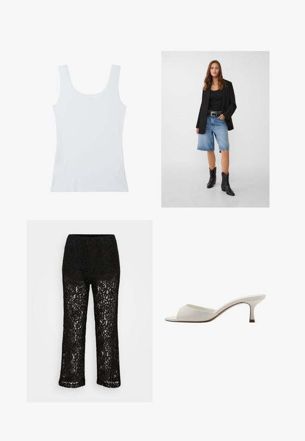 Černý blejzr přes černý tílko, kombinovaný se světle modrými džíny šortkami a černými kovbojskými botami. Opasek má stříbrné hroty.; Jednoduchý bílý bezrukávový top s širokými ramínky a výstřihem do kulata, vystavený na bílém pozadí.; Černé krajkové kalhoty širokého střihu s neprůhlednou podšívkou, květinovým vzorem a elastickým pasem na hladkém pozadí.; Bílé otevřené lodičky na vysokém podpatku s hladkým povrchem, minimalistickým designem a štíhlým podpatkem, se slabým hnědým akcentem na podrážce.