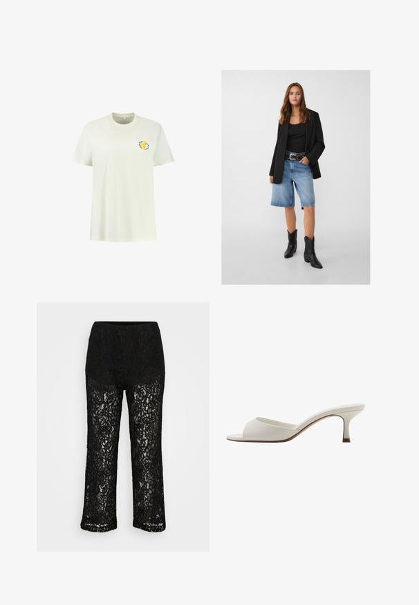 Črn blejzer nad črnim topom, v kombinaciji s svetlo modrimi denim kratkimi hlačami in črnimi kavbojskimi čevlji. Pas ima srebrne zakovice.; Bela bomba majica s kratkimi rokavi, ki na levem prsnem delu vsebuje majhno grafiko leva v rumeni in modri barvi.; Črne široke hlače iz čipke z neprozornim podložkom, cvetlični vzorec in elastičnim pasom na enobarvni podlagi.; Bele odprte visoke petke z gladko površino, minimalističnim oblikovanjem in vitko peto, ki ima subtilen rjav odtenek na podplatu.