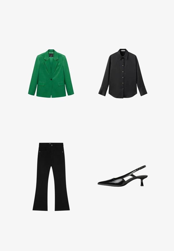 Grüne Blazer aus glattem Stoff, mit Reverskragen, einem Knopfverschluss, zwei Fronttaschen und einer schlanken Silhouette.; Schwarz langärmliges Hemd aus glattem Stoff, mit klassischem Kragen, frontaler Knopfleiste mit goldfarbenen Knöpfen und breiten Manschetten.; Scalpers Jeans Bootcut - black; Schwarze Lackleder-Slingback-High Heels mit spitzer Zehenform, ausgeschnittenem Seitendesign und kleinem Blockabsatz. Glatte Textur mit minimalen Akzenten.