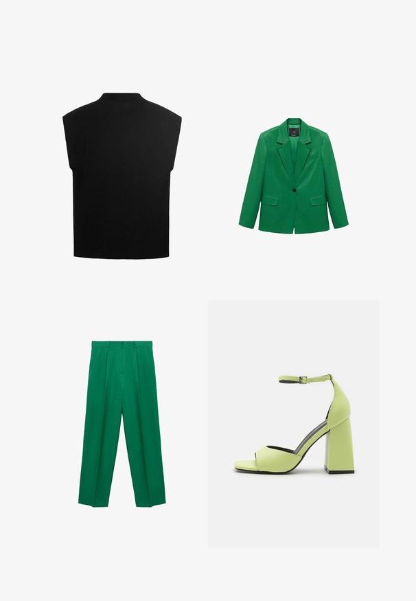 Groene blazer van soepel materiaal, met uitsneden revers, een enkele knoopsluiting, twee voorzakken en een gestroomlijnde silhoeët.; Zwarte mouwloze top met een hoge halslijn, gemaakt van een zachte tricotstof. Heeft een boxy silhouet en een gladde textuur.; Groene wijde broek met een hoge tailleband, geplooide voorkant, een gladde textuur en een getailleerd silhouet. Geen zichtbare hardware of patronen.; Even&Odd Sandalen met hoge hak - light green