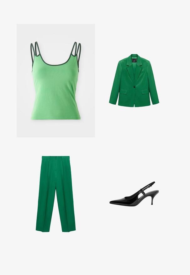 Grön kavaj i slätt tyg, med spetsiga slag, en enkel knappknäppning, två framfickor och en strömlinjeformad silhuett.; Grön linne med tunna axelremmar, rundad halsringning och mörkgrön kant. Tillverkat av ett mjukt, elastiskt tyg. Åtsittande design, inga mönster.; Gröna vida byxor med hög midja, veck framtill, slät textur och skräddarsydd silhuett. Ingen synlig hårdvara eller mönster.; Svart lackläder slingback-pump med spetsig tå, öppna sidoutskärningar, smal klack och justerbart ankelsnöre.