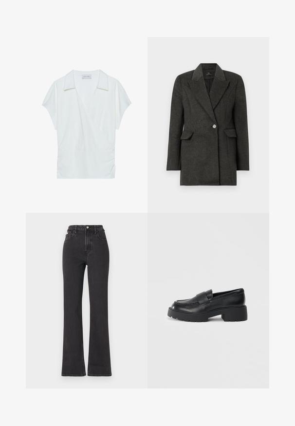 Dunkelgrau blazer mit einem Knopf, breiten Revers und aufgesetzten Taschen, taillierte Passform und langen Ärmeln auf einem einfarbigen weißen Hintergrund.; Weiß-kragenbluse mit Wickeldesign aus glatter Stoffqualität, ausgestattet mit kurzen Ärmeln und gerafften Details an der Taille für einen lässigen Sitz.; Schwarze, hochgeschnittene Schlagjeans aus Denim mit Knopfverschluss, Gürtelschlaufen und seitlichen Taschen. Glatte Textur mit minimaler Ausbleichung.; Schwarze Lederloafers mit strukturiertem Finish, ausgestattet mit einem rechteckigen Riemen über dem Spann und einem stabilen, gezackten Sohlen-Design.