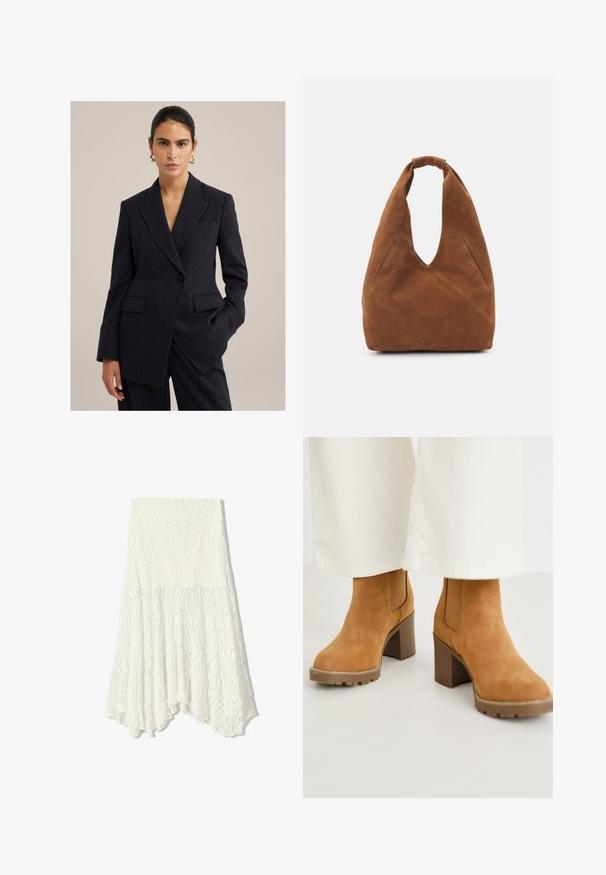 Mornarsko prugast blazer iz krojenega blaga. Ima ostre reverje, dva sprednja žepa in enojno zapiranje na gumb.; Bela kratka majica s kratkimi rokavi iz bombaža. Ima okroglo izrezovanje in sproščen kroj. Gladka tekstura brez vidnih vzorcev ali poudarkov.; Bela čipkasta krila z teksturno vzorcem, z asimetrično spodnjico in tekočo silhueto, izdelana iz lahkega materiala.; Peščene antilop škornje do gležnjev s masivnim blok peto, ki vključujejo elastične stranske panele in trden podplat za oprijem. Teksturovan zgornji del s podrobnostmi šivanja.; Brah zamska torba hobo z edinstvenim ovalnim odpiranjem in nastavljivim ročajem. Ima dve stranski žepki in teksturirano površino.