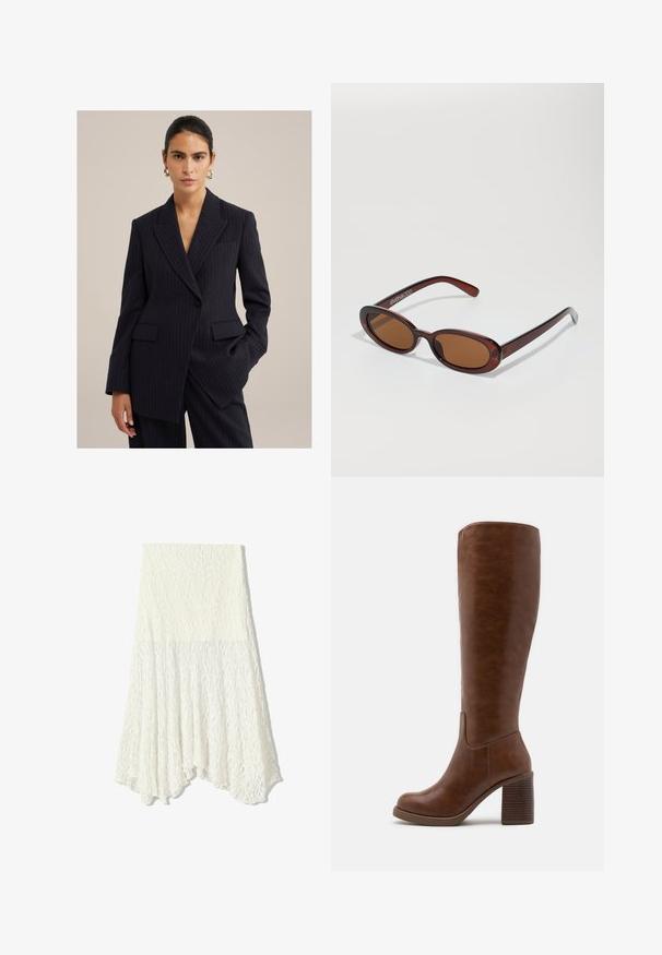 Navy pinstripe blazer made of tailored fabric. It features a sharp lapel, two front pockets, and a single button closure.; White short-sleeve t-shirt made of cotton. Features a crew neckline and a relaxed fit. Smooth texture with no visible patterns or accents.; White lace skirt with a textured pattern, featuring an asymmetrical hemline and a flowing silhouette, made from lightweight fabric.; Brown knee-high boots made of smooth faux leather, featuring a rounded toe, block heel with vertical grooves, and a minimalist design.; Round, brown-tinted sunglasses with a glossy burgundy frame. Slim arms with subtle branding detail. Flat lens design.