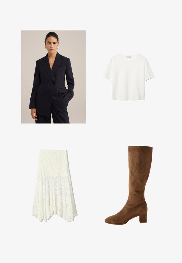 Blazer bleu marine à rayures, fabriqué en tissu ajusté. Il présente un revers accentué, deux poches avant et une fermeture à un bouton.; T-shirt blanc à manches courtes en coton. Doté d'un col ras du cou et d'une coupe décontractée. Texture lisse sans motifs ni accents visibles.; Jupe en dentelle blanche avec un motif texturé, présentant un ourlet asymétrique et une silhouette fluide, fabriquée en tissu léger.; Botte en suede marron jusqu'au genou avec un bout effilé et un talon carré, présentant une texture lisse et des coutures propres le long des bords.