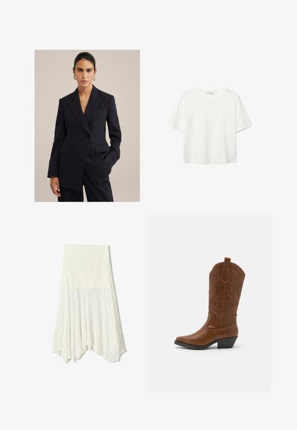 Námornícky blejzer s prúžkami vyrobený z prispôsobeného materiálu. Disponuje ostrým klopom, dvoma prednými vreckami a zapínaním na jeden gombík.; Biela krátkopsová tričko vyrobené z bavlny. Má okrúhly výstrih a voľný strih. Hladká textúra bez viditeľných vzorov alebo akcentov.; Biela čipkovaná sukňa s textúrovaným vzorom, s asymetrickým lemom a splývavým strihom, vyrobená z ľahkej textílie.; ONLY SHOES ONLBRONCO - Kovbojské/motorkárske čižmy - brown