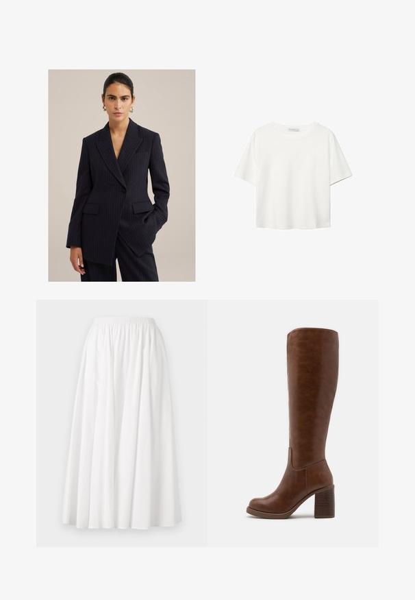 Navy pinstripe blazer made of tailored fabric. It features a sharp lapel, two front pockets, and a single button closure.; White short-sleeve t-shirt made of cotton. Features a crew neckline and a relaxed fit. Smooth texture with no visible patterns or accents.; White, knee-length skirt made from lightweight fabric, featuring an elastic waistband and a flared, pleated design.; Brown knee-high boots made of smooth faux leather, featuring a rounded toe, block heel with vertical grooves, and a minimalist design.