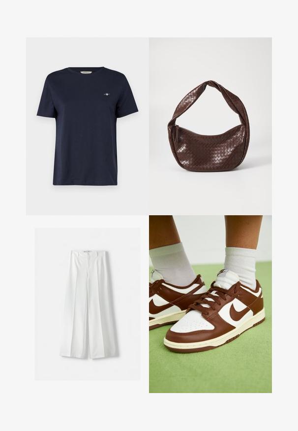 Navyblå randig kavaj i skräddarsytt tyg. Den har en skarp slag, två framfickor och en enda knappstängning.; Mörkblå bomulls T-shirt med korta ärmar och rund halsringning, med en liten broderad logotyp på vänster bröst. Slät yta.; Bershka WIDE-LEG TAILORED - Tygbyxor - white; Bruna och vita lädersneakers med perforerad tå, texturerade detaljer och platta snören. Modellen har en låg design och gummisula.; Brun vävd läderhandväska med ett böjt, knutet handtag och en dragkedjestängning. Slät textur och rundad form.