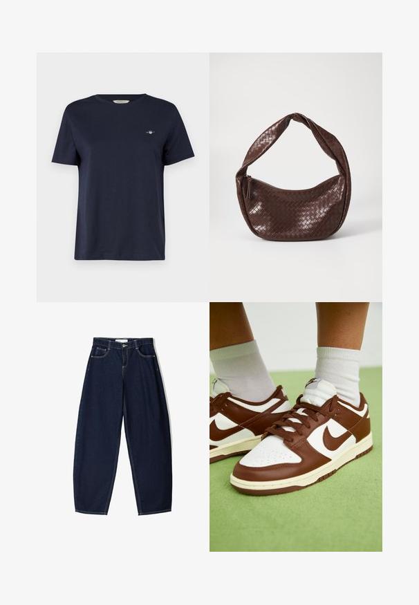 Navy pinstripe blazer made of tailored fabric. It features a sharp lapel, two front pockets, and a single button closure.; Navy blue cotton T-shirt with short sleeves, round neckline, featuring a small embroidered logo on the left chest. Smooth texture.; Dark blue denim trousers with a loose fit, featuring five pockets, contrasting stitching, and a zip closure at the front.; Brown and white leather sneakers with perforated toe, textured accents, and flat laces. Model features a low-top design and rubber sole.; Brown woven leather handbag with a curved, knotted handle and a zippered closure. Smooth texture and rounded shape.