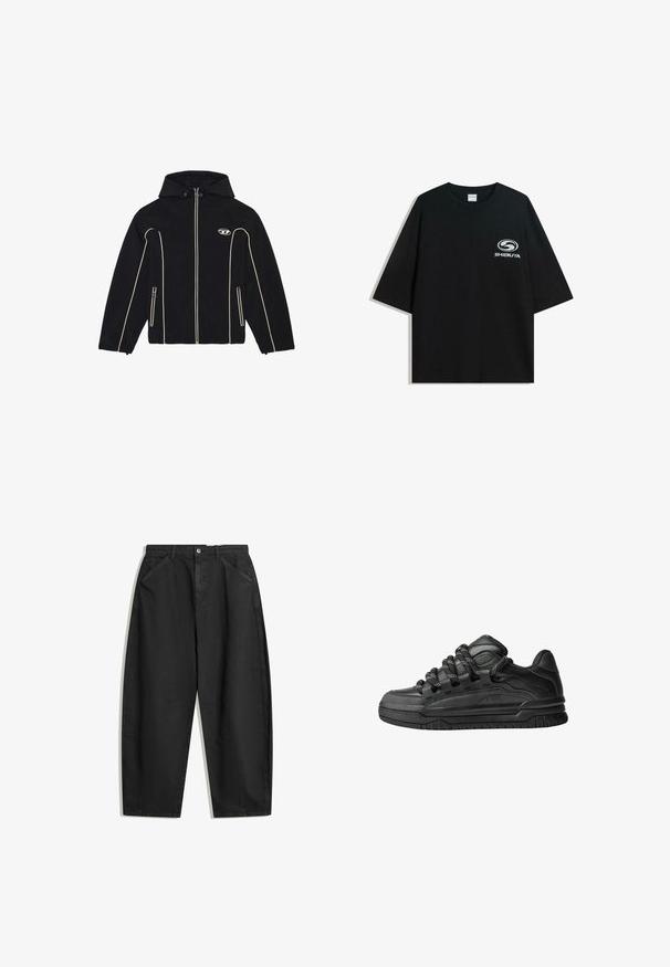 Fekete kapucnis dzseki, fehér részletekkel és cipzárakkal, sima anyagból készült. Tartalmaz egy logót a mellkason és két oldalzsebet.; Fekete, oversized pamut póló kerek nyakkal és rövid ujjakkal, az elején fehér "Shibuya" logóval.; Fekete, bő szárú pamut nadrág, magas derékkal, elülső zsebekkel és finom varrási részletekkel. Simaság jellemzi, minta nélkül.; Fekete sportcipők sima bőrből készült felső résszel, struktúrált kiegészítőkkel, valamint kerek fekete és fehér fűzőkkel. Vastag gumitalp mintázott bordázattal.