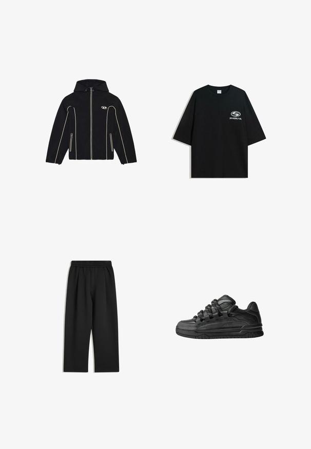 Giubbotto nero con cappuccio, caratterizzato da dettagli bianchi e zip, realizzato in tessuto liscio. Include un logo sul petto e due tasche laterali.; T-shirt nera oversize in cotone con scollatura rotonda e maniche corte, con un logo bianco "Shibuya" stampato sul fronte.; Pantaloni neri a gamba larga con fascia elastica in vita e tasche laterali, mostrati distesi su uno sfondo bianco.; Sneaker nere con una toma in pelle liscia, dettagli testurizzati e lacci tondi neri e bianchi. Suola spessa in gomma con battistrada gommato.