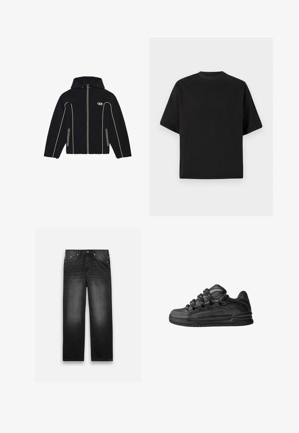Black jacket with a hood, featuring white accents and zippers, made of smooth fabric. Includes a logo on the chest and two side pockets.; Black short-sleeve T-shirt in a loose fit, made of smooth cotton, featuring a round neckline and minimalistic design.; Black denim jeans with a straight-leg design, five pockets, and a faded texture. Features a front button and zip closure.; Black sneakers with a smooth leather upper, textured accents, and round black and white laces. Thick rubber sole with a patterned tread.